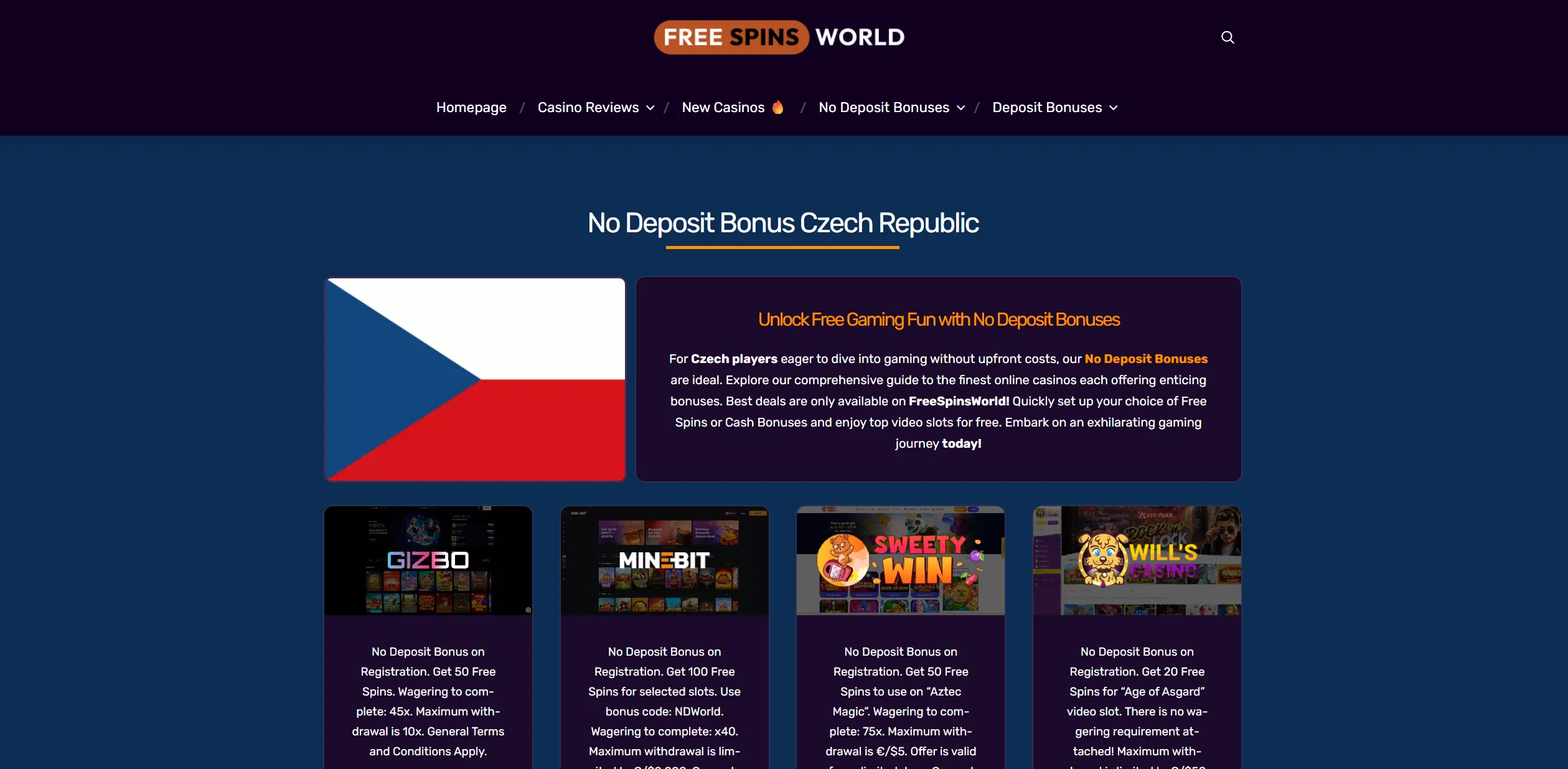 Screenshot of Freespinsworld.com - Top No Deposit Bonus Czech Republic | Free Spins & Chips |
